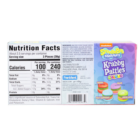 SpongeBob Gummy Krabby Patties Colors Theater Box - 12 Pack  Nutrition Facts Ingredients