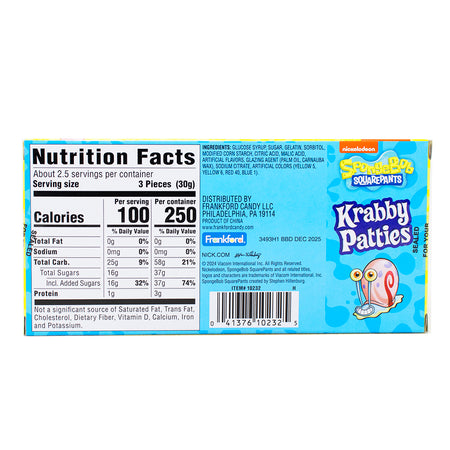 SpongeBob SquarePants Krabby Patties Candy Theater Pack - 12 Pack  Nutrition Facts Ingredients