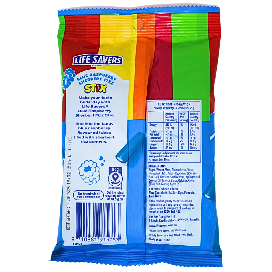 Lifesavers Blue Raspberry Sherbert Fizz Stix 200g (Aus) - 12 Pack