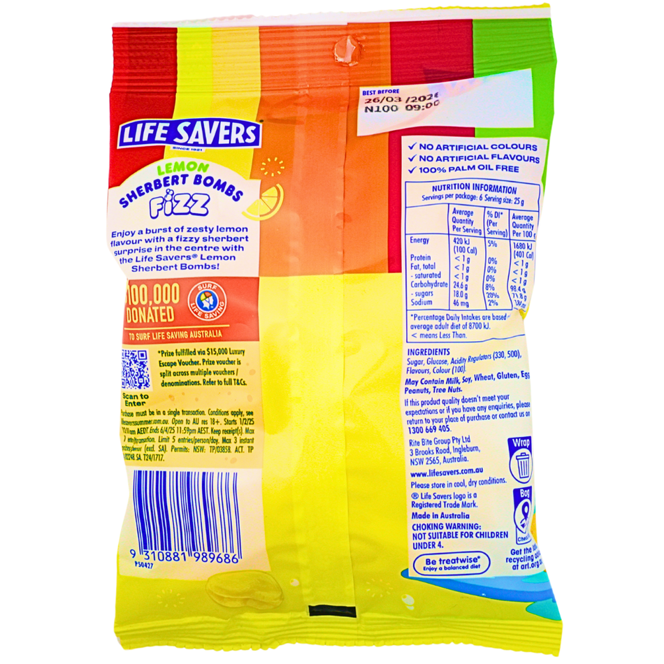 Lifesavers Lemon Sherbert Bombs Fizz 150g (Aus) - 12 Pack