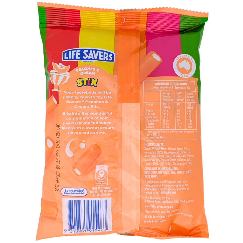 Lifesavers Peaches and Cream Stix 200g (Australia) - 12 Pack