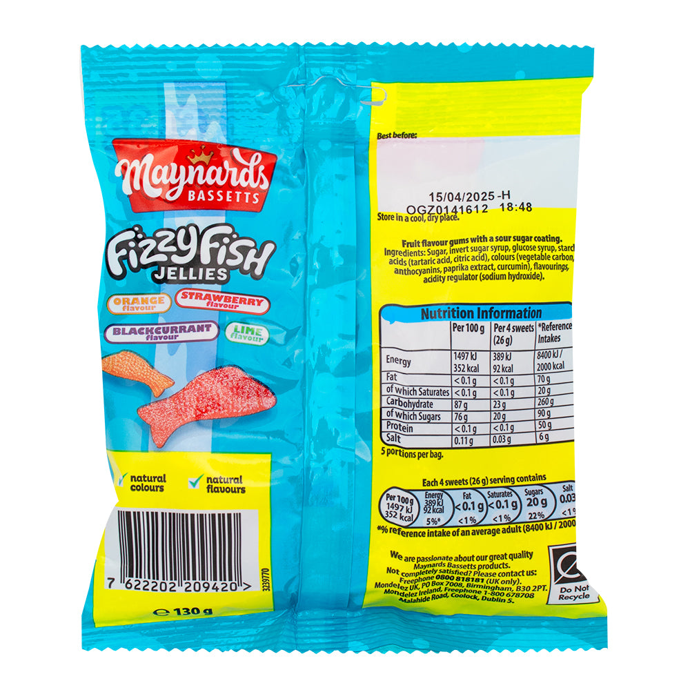 Maynards Bassetts Fizzy Fish Jellies 130g (UK) - 12 Pack   Nutrition Facts Ingredients