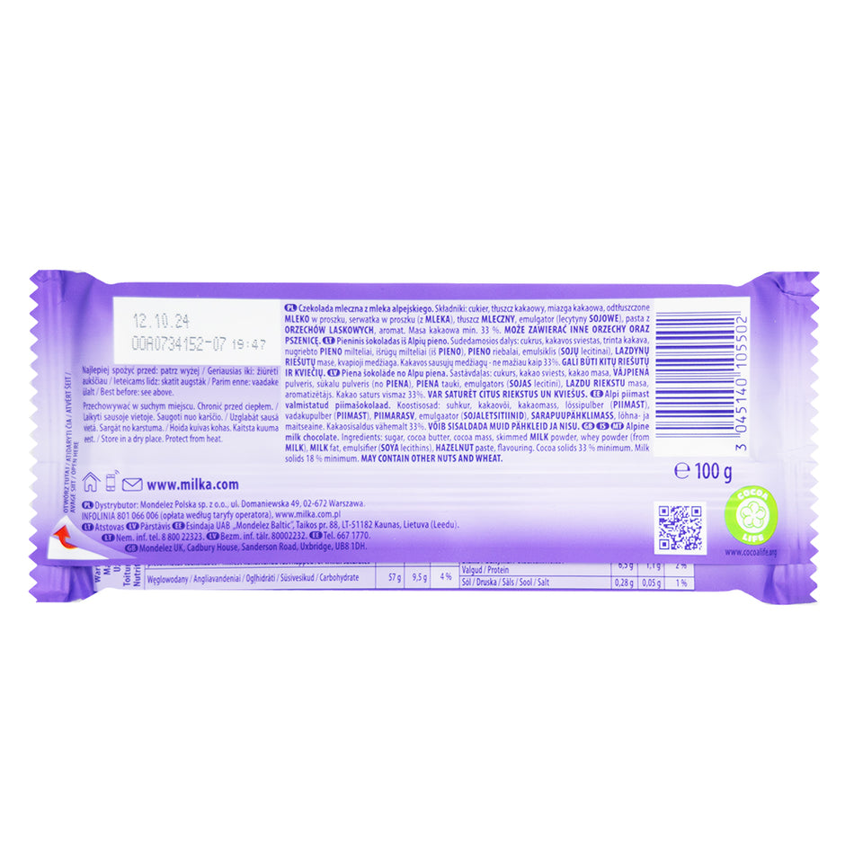 Milka Alpine Milk Chocolate Bar - 24 Pack  Nutrition Facts Ingredients
