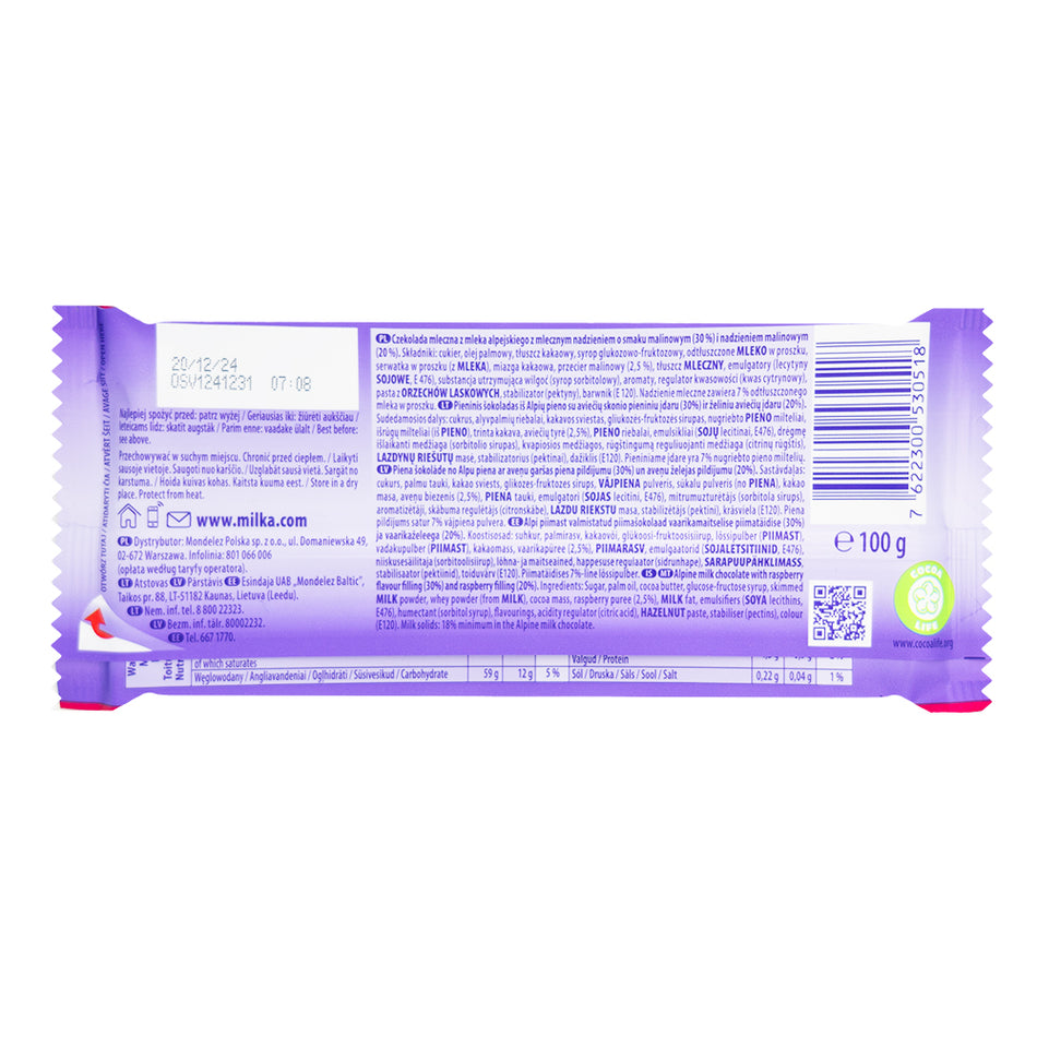 Milka Raspberry Creme Milk Chocolate 100g - 22 Pack  Nutrition Facts Ingredients
