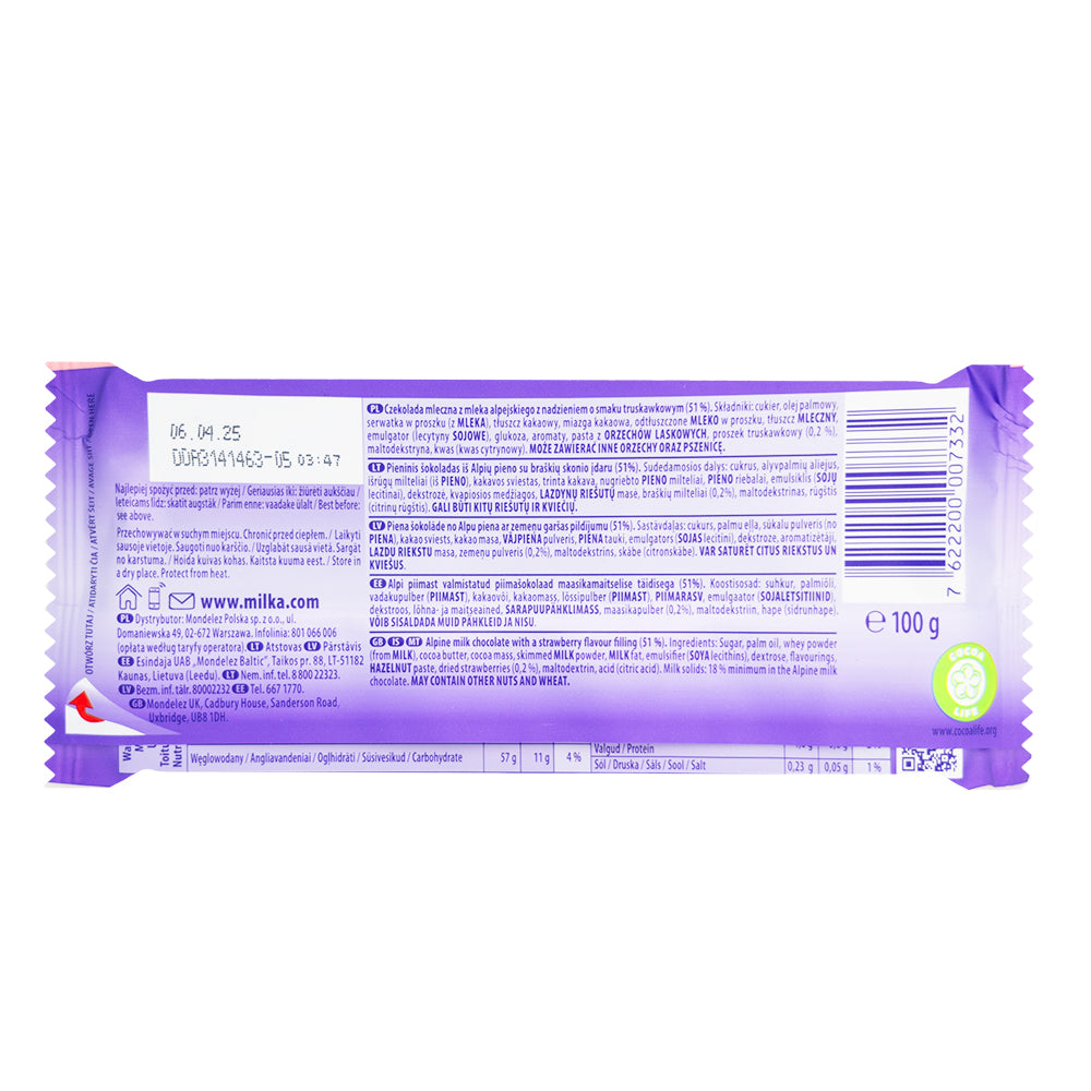 Milka Strawberry Creme Milk Chocolate 100g - 22 Pack  Nutrition Facts Ingredients
