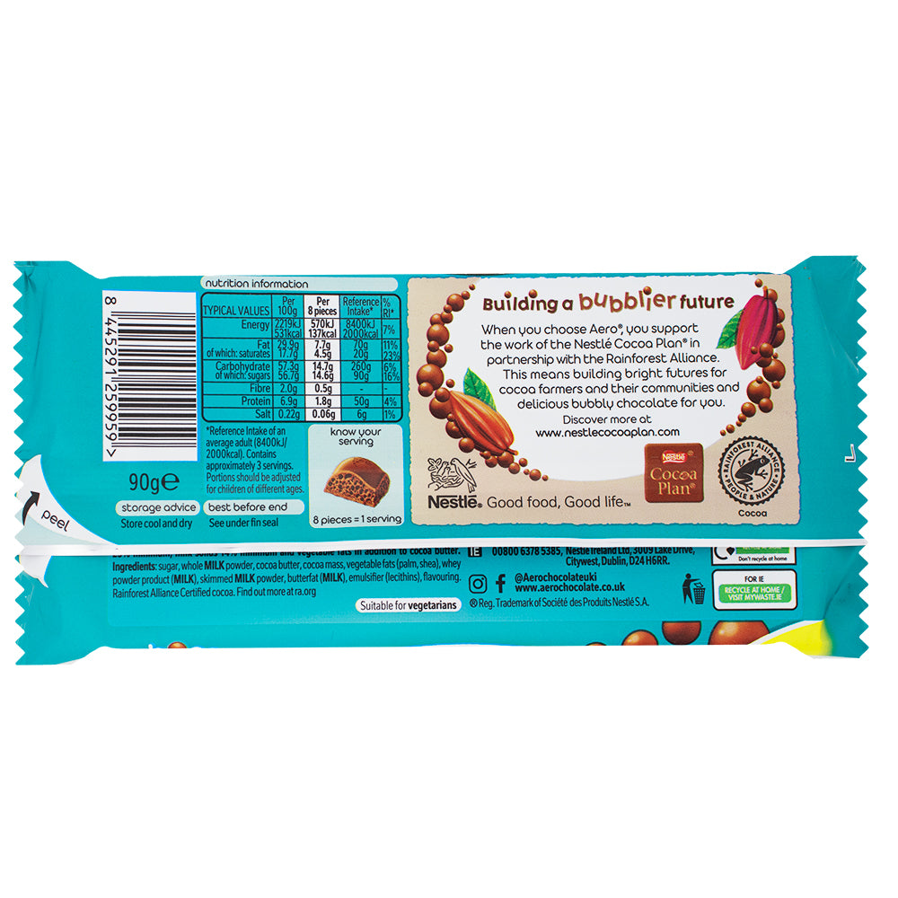 Aero Chocolate Hazelnut Sharing Bar (UK) 90g- 15 Pack   Nutrition Facts Ingredients