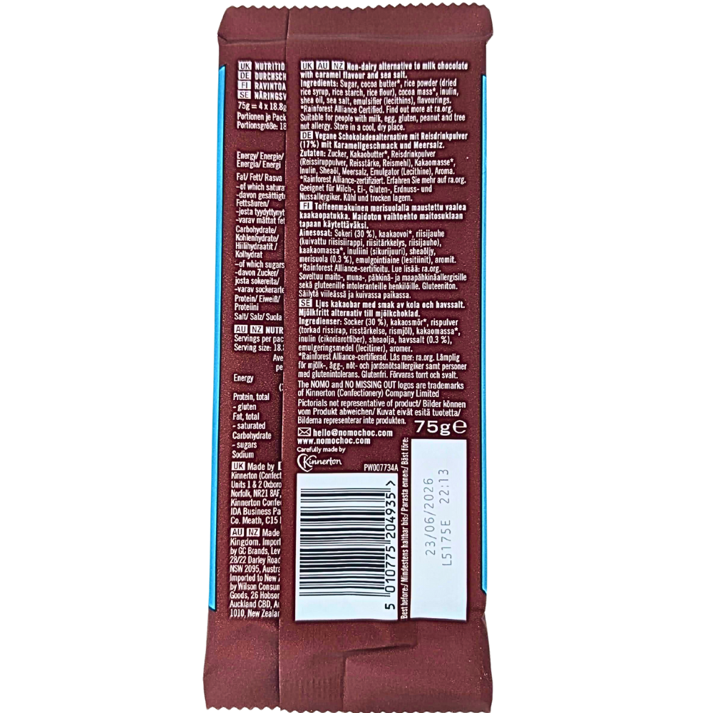 NOMO Vegan Caramel & Sea Salt Chocolate Bar 75g (UK) - 14 Bars