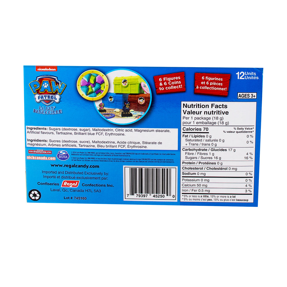 Paw Patrol Treasure Chest with Candy Jewels 18g - 12 Pack  Nutrition Facts Ingredients