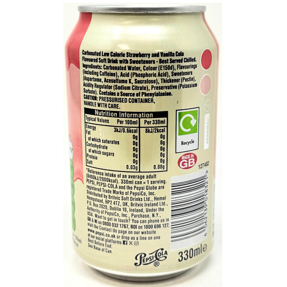 Pepsi Strawberries 'N' Cream Zero Sugar 330mL (UK) - 24 Pack