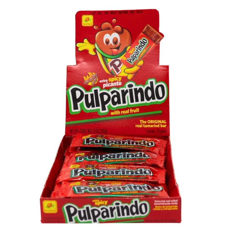 De La Rosa Pulparindo Tamarind Candy Extra Spicy 20ct (Mexico) - 1 Box - Candy Store - Mexican Candy - Tamarind Candy - Spicy Candy