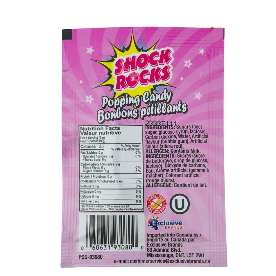 Shock Rocks Bubblegum Popping Candy 9g - 24 Pack Nutrition Facts Ingredients - Shock Rocks - Popping Candy - Canadian Candy - Shock Rocks Popping Candy - Bubble Gum