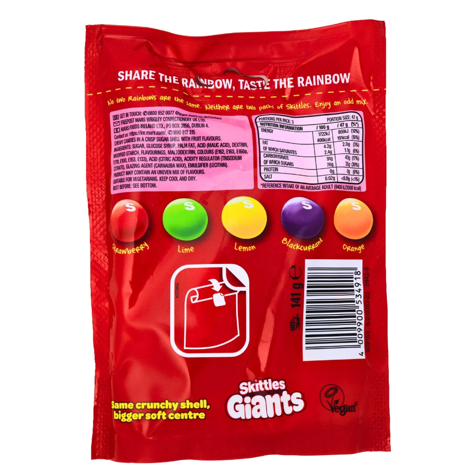 Skittles Fruits Giants 141g (UK) - ingredients - nutrition facts - British Candy