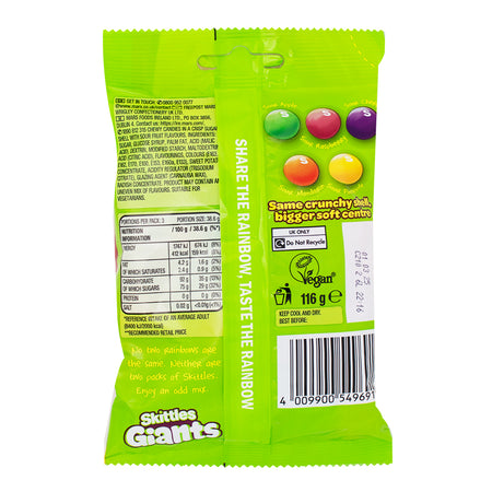 Skittles Giants Crazy Sours 116g (UK) - 15 Pack   Nutrition Facts Ingredients