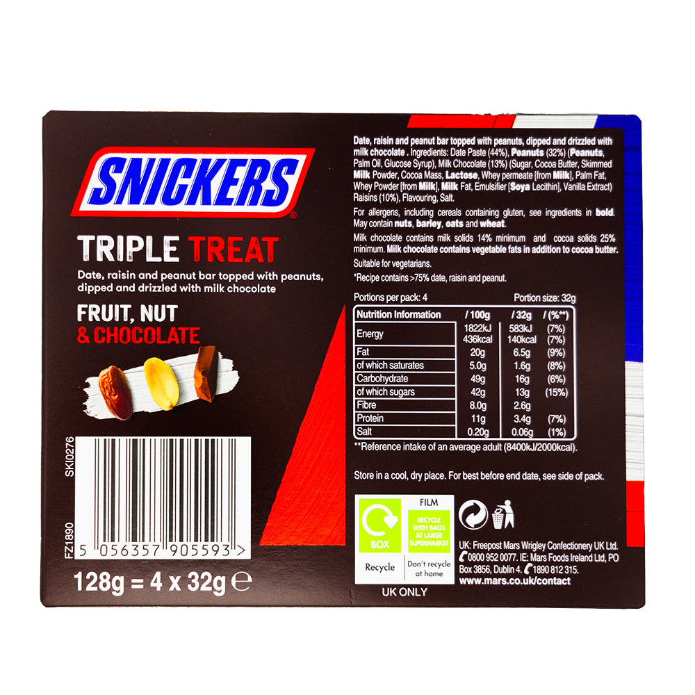 Snickers Triple Treat Fruit & Nut 4pk (UK) - 128g - 10 Pack   Nutrition Facts Ingredients