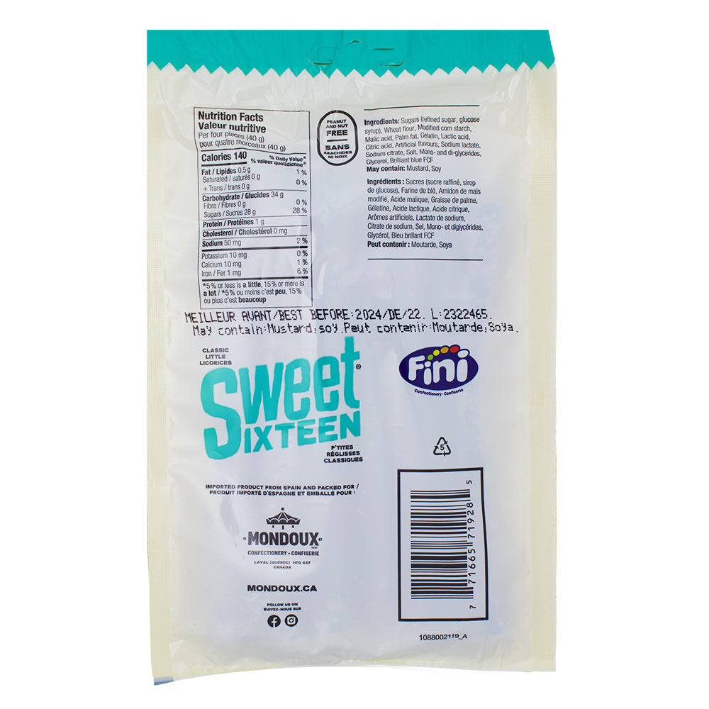 Sweet Sixteen Sour Raspberry Filled Licorice 100g - 12 Pack Nutrition Facts Ingredients - Sour Candy - Candy Store - Licorice Candy - Sweet Sixteen - Canadian Candy
