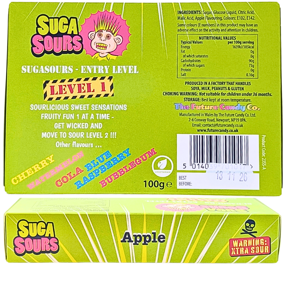 Sourlicious Suga Sours Apple Hard Candy Theatre Box 100g - 12 Pack