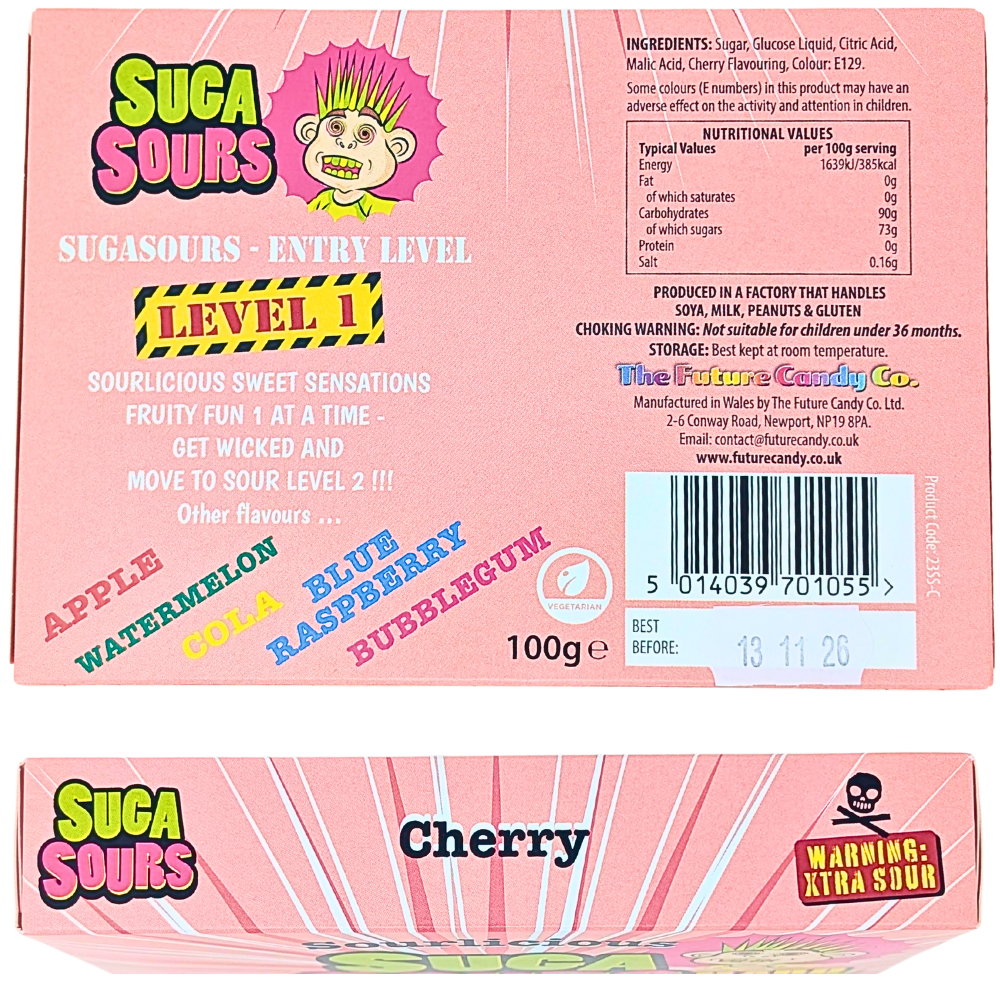 Sourlicious Suga Sours Cherry Hard Candy Theatre Box 100g - 12 Pack