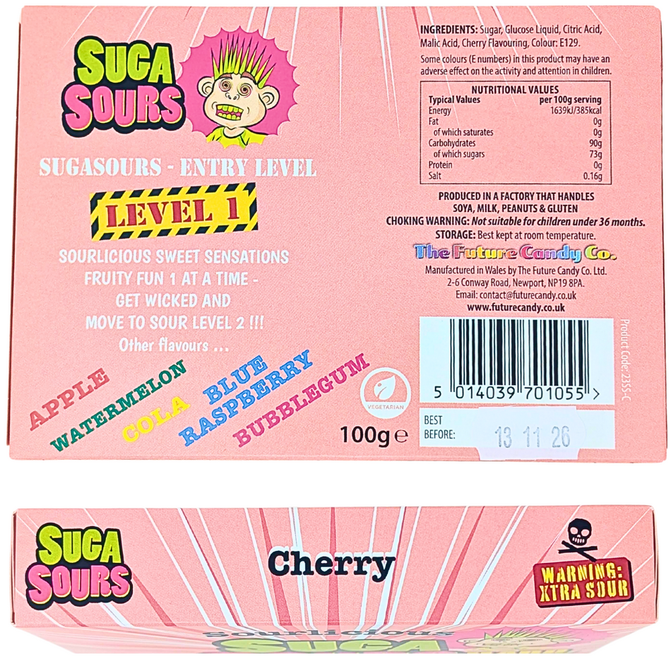 Sourlicious Suga Sours Cherry Hard Candy Theatre Box 100g - 12 Pack