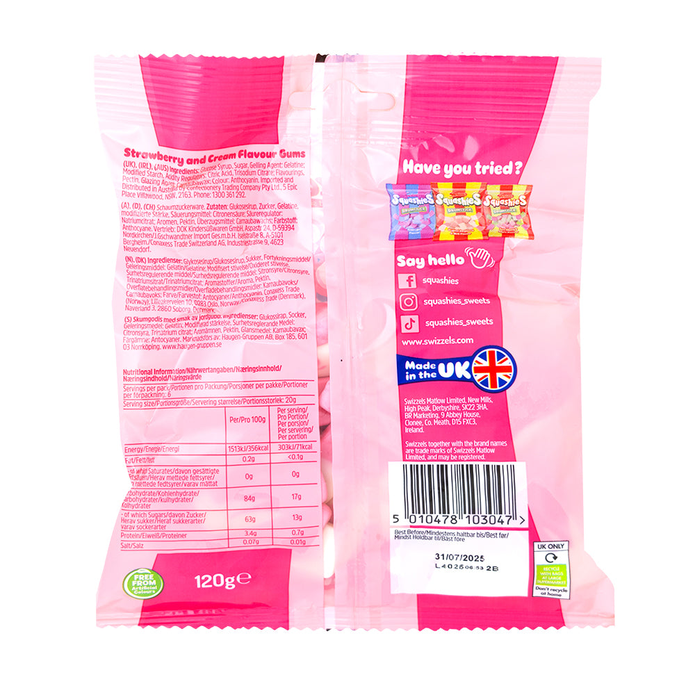 Squashies Strawberry and Cream (UK) 120g - 12 Pack  Nutrition Facts Ingredients
