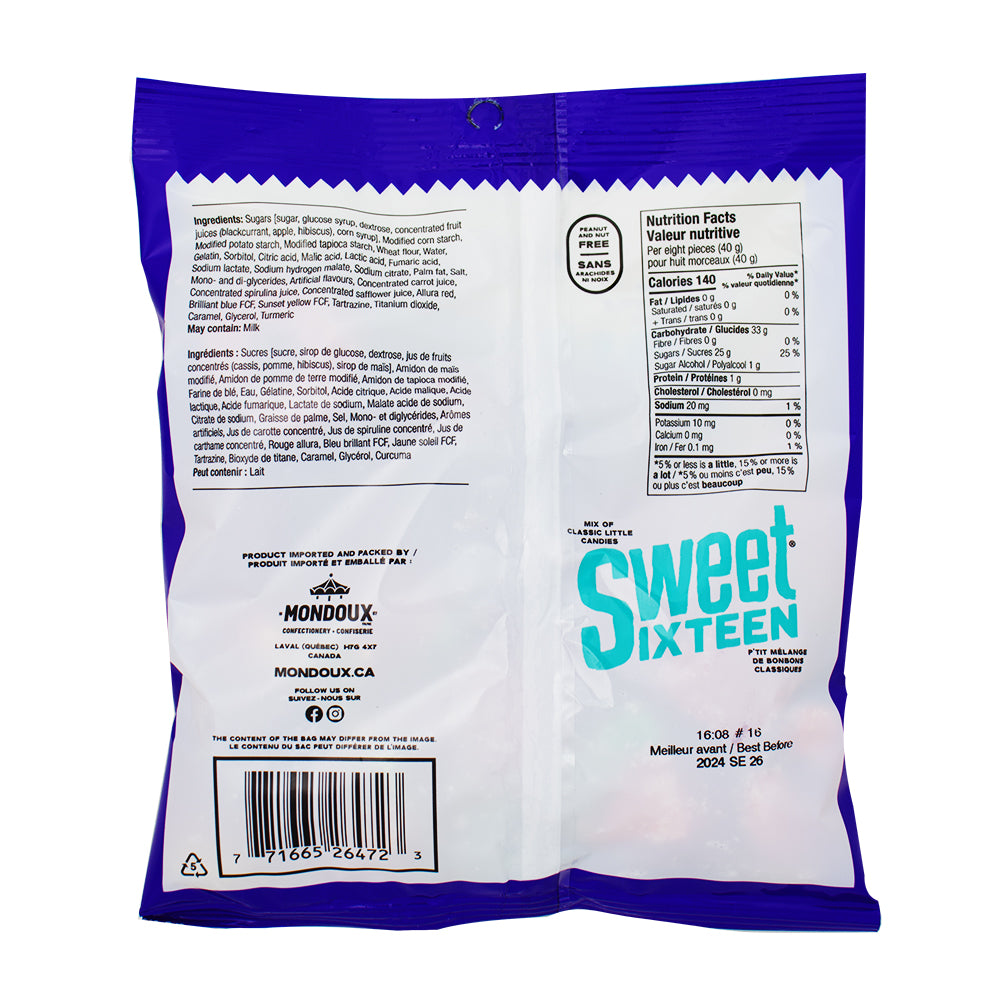 Sweet Sixteen Sweet & Sour 185g - 10 Pack Nutrition Facts Ingredients - Candy Store - Sour Candy - Canadian Candy - Mondoux Candy - Wholesale Candy