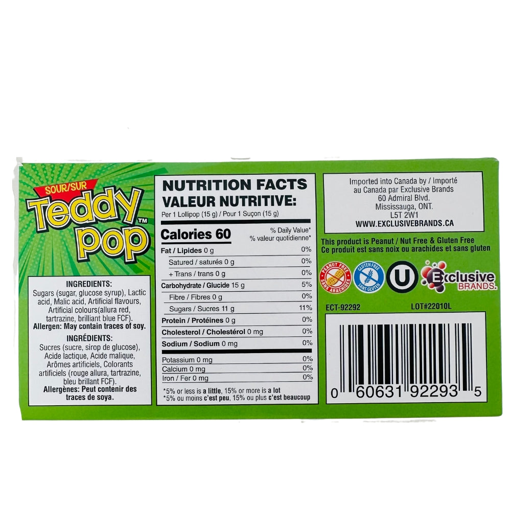 Teddy Pop Sour - 24 Pack Nutrition Facts Ingredients  - Lollipop - Sour Candy - Candy Store - Wholesale Candy - Nostalgic Candy