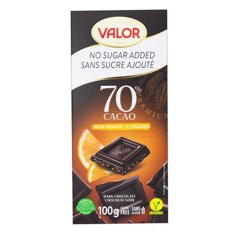 Valor No Sugar Added Dark Chocolate (70% Cocoa) with Orange 100g - 17 Pack