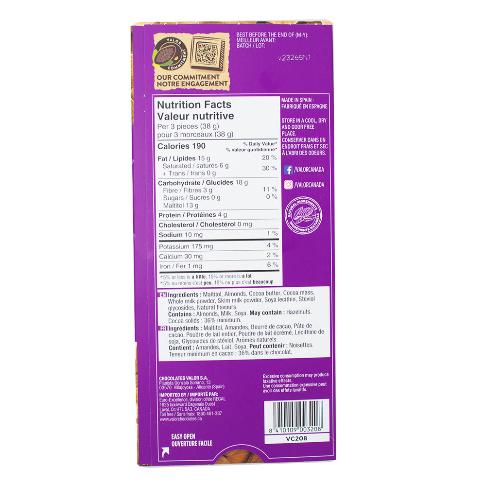 Valor No Sugar Added Milk Chocolate with Almonds 100g - 14 Pack  Nutrition Facts Ingredients