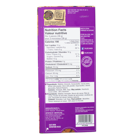 Valor No Sugar Added Milk Chocolate with Almonds 100g - 14 Pack  Nutrition Facts Ingredients