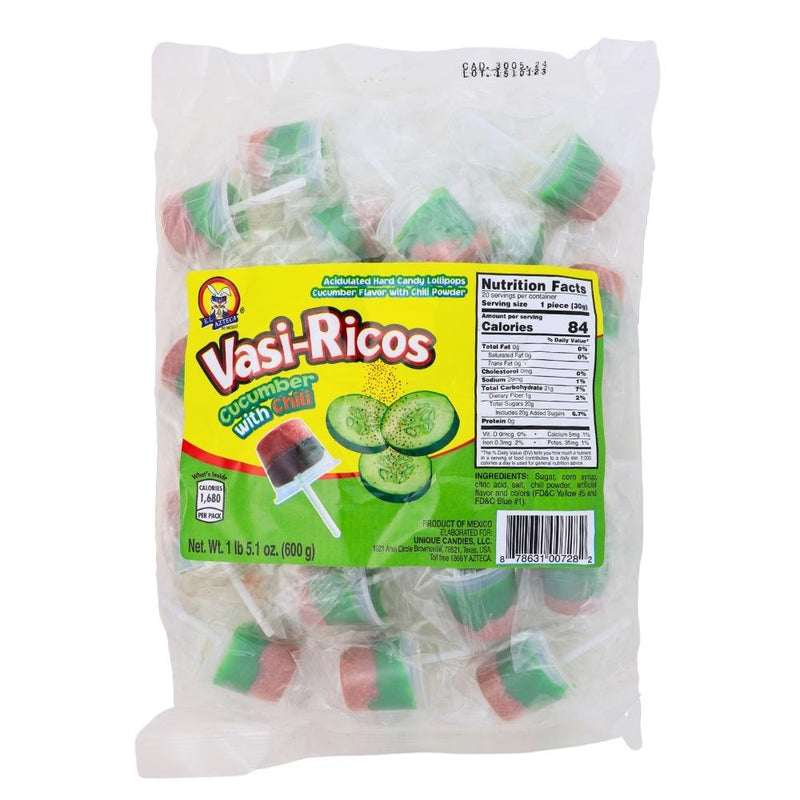 Vasi-Ricos Cucumber Chili Lollipops (Mexico) - 20 Pack Nutrition Facts Ingredients