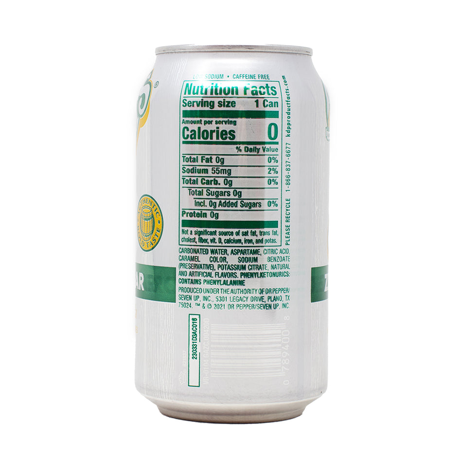 Vernors Zero Sugar Ginger Ale 355mL - 12 Pack Nutrition Facts Ingredients