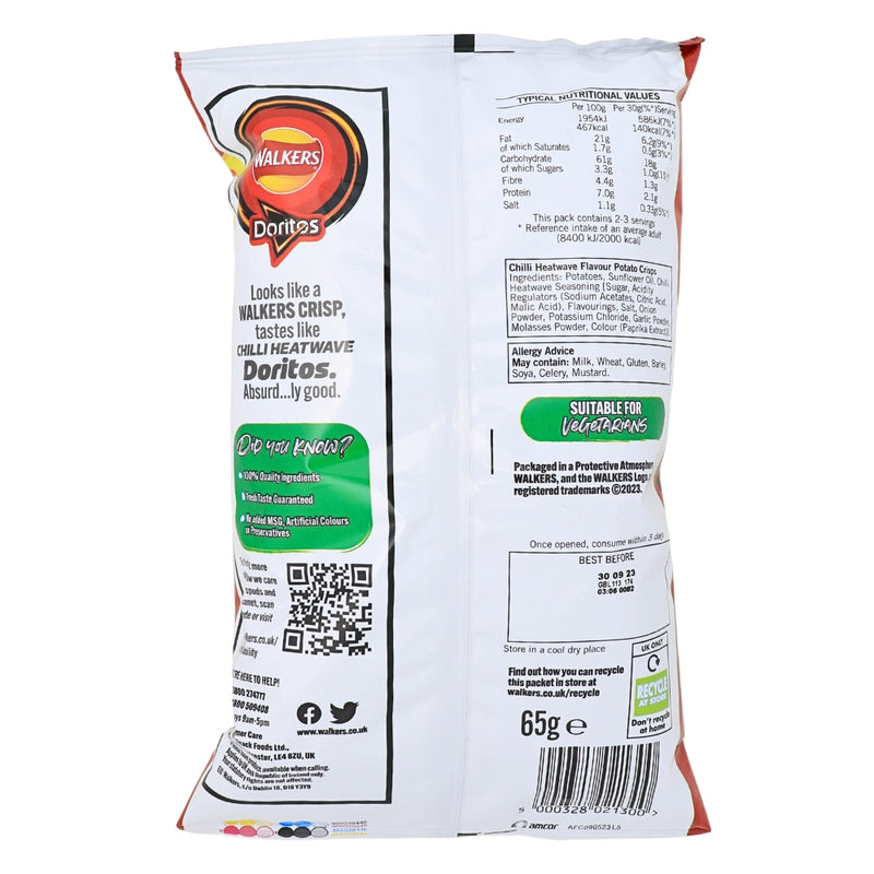 Walkers Doritos Chilli Heatwave 65g (UK) - 15 Pack Nutrition Facts Ingredients