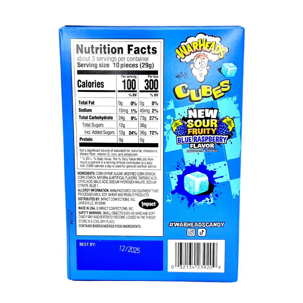 Warheads Chewy Cubes Blue Raspberry Theatre Box 3oz - 12 Pack