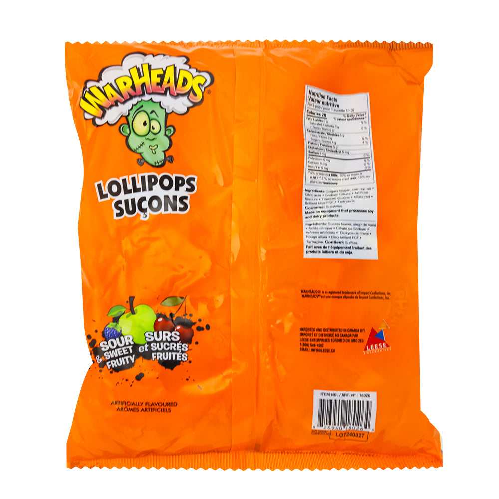 Warheads Sour Lollipops 75ct - 12 Pack  Nutrition Facts Ingredients
