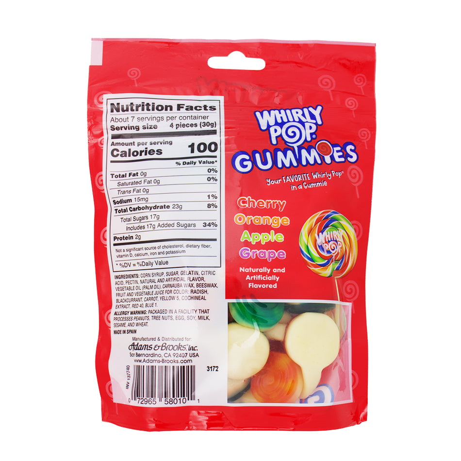Adams & Brooks Whirly Pop Gummies 7.5oz - 12 Pack Nutrition Facts Ingredients - Gummy Candy - Candy Store - Wholesale Candy - Whirly Pop - Gummies