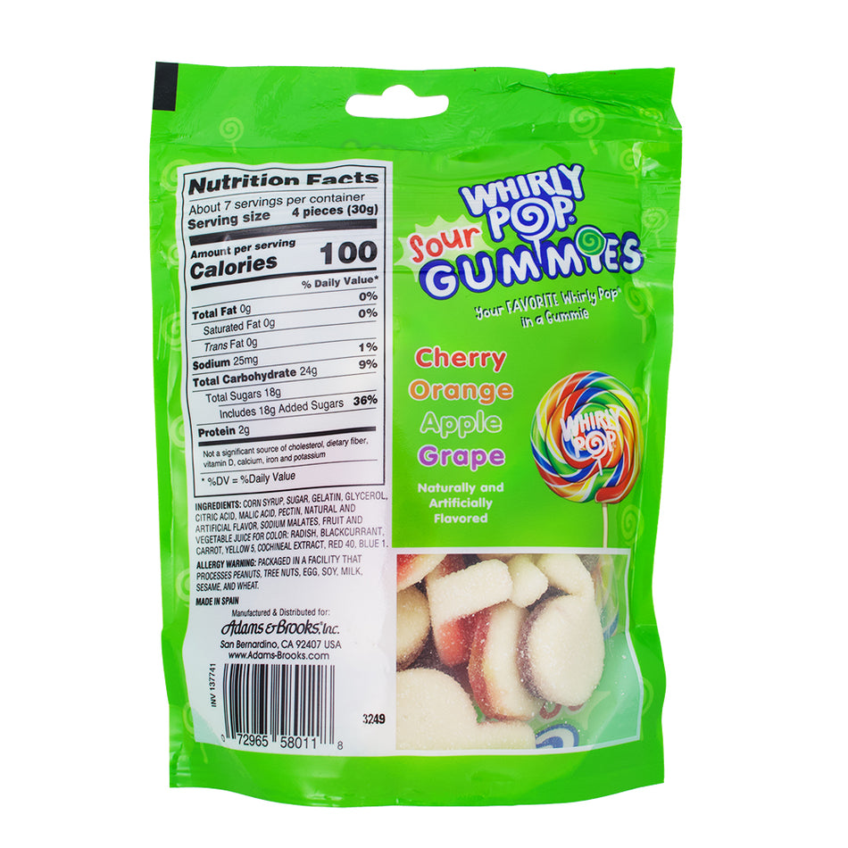Adams & Brooks Whirly Pop Sour Gummies 7.5oz - 12 Pack Nutrition Facts Ingredients - Gummy Candy - Sour Candy - Wholesale Candy - Candy Store - Gummy - Gummies
