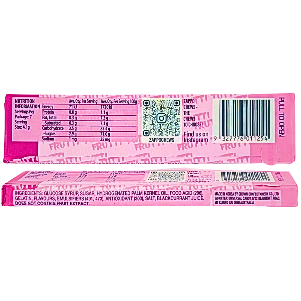 Zappo Sour Tutti Frutti Chews 29g (Aus) - 30 Pack