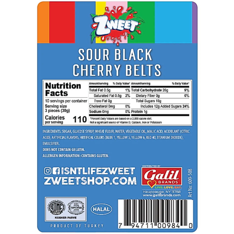 Zweet Sour Belts Black Cherry 10oz - 6 Pack