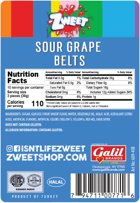 Zweet Sour Belts Grape 10oz - 6 Pack