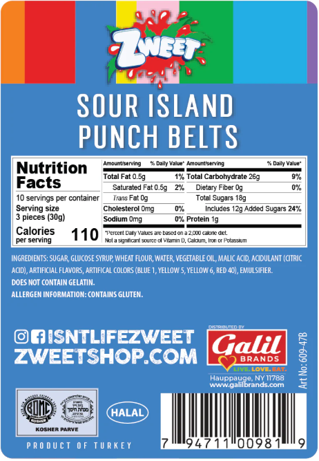 Zweet Sour Belts Island Punch 10oz - 6 Pack