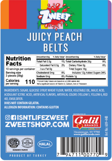 Zweet Sour Belts Peach 10oz - 6 Pack