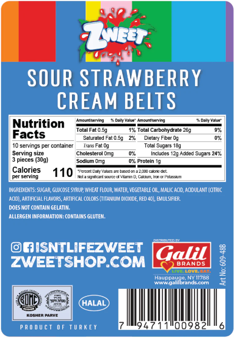 Zweet Sour Belts Strawberry Cream 10oz - 6 Pack