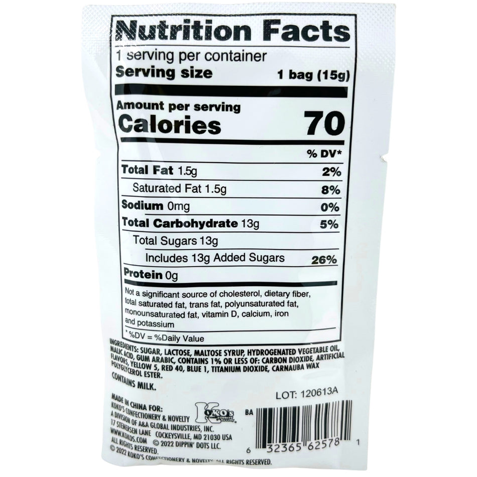 Dippin' Dots Popping Candy Rainbow 0.53oz ingredients nutrition facts