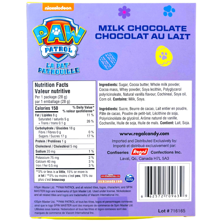 Paw Patrol Character Chocolate Easter Gift Box - 6 Pack ingredients nutrition facts