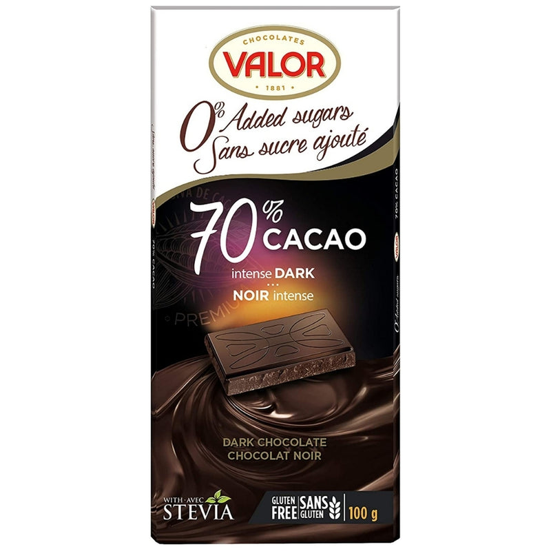 Valor No Sugar Added Dark Chocolate (70% Cocoa) 100g - 17CT | iWholesaleCandy.ca