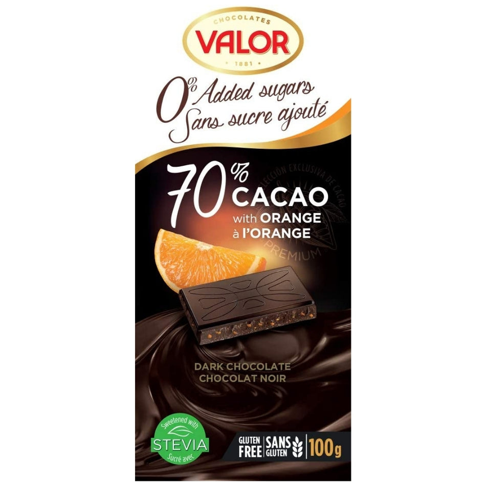 Valor No Sugar Added Dark Chocolate (70% Cocoa) with Orange 100g - 17CT | iWholesaleCandy.ca