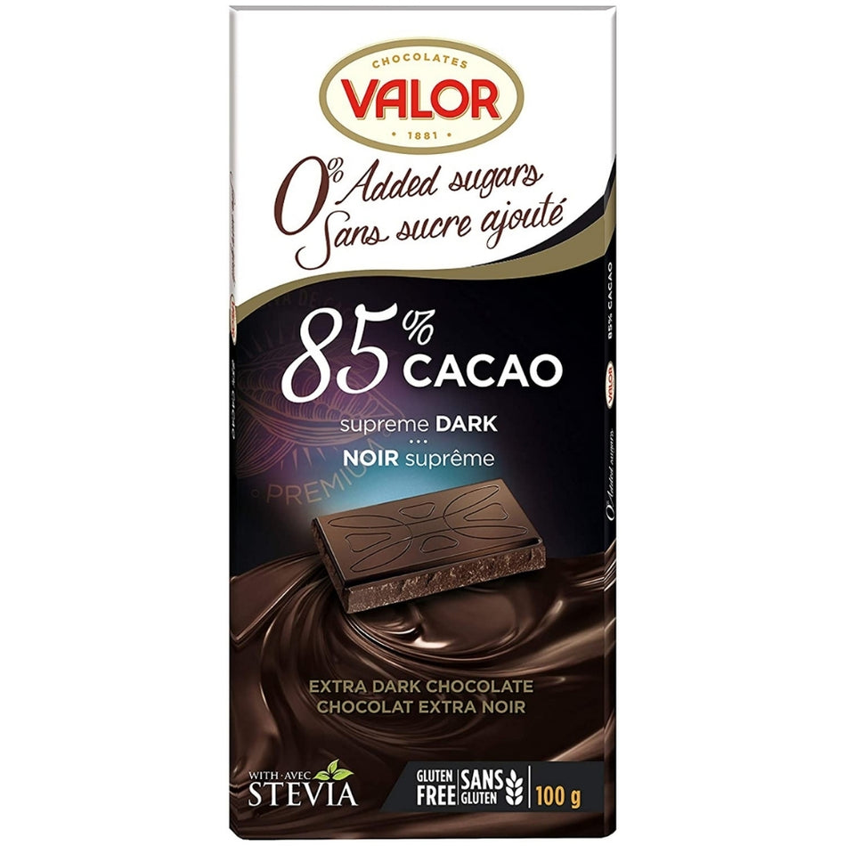 Valor No Sugar Added Dark Chocolate (85% Cocoa) 100g - 17CT | iWholesaleCandy.ca