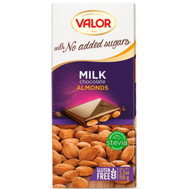 Valor No Sugar Added Milk Chocolate with Almonds 100g - 14CT | iWholesaleCandy.ca