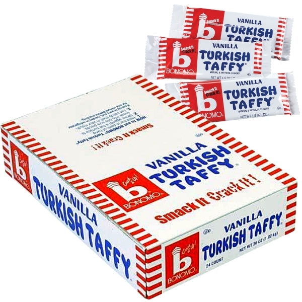 Bonomo Turkish Taffy vanilla 1.5oz - 24CT Bulk Pack  Imported, Shipped, & Delivered: International, World Wide Shipping, delivery Canada, GTA, Mississauga, Brampton, etc. Novelty confectionery wholesale online candy store: Buy exclusive, popular, top-rated, special edition, limited edition, premium snacks, treats, goods, gifts, gift sets, gift ideas, and more. | turkey European Europe sweets candies
