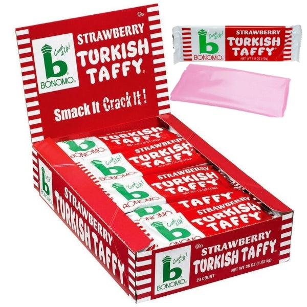 Bonomo Turkish Taffy strawberry 1.5oz - 24CT Bulk Pack Imported, Shipped, & Delivered: International, World Wide Shipping, delivery Canada, GTA, Mississauga, Brampton, etc. Novelty confectionery wholesale online candy store: Buy exclusive, popular, top-rated, special edition, limited edition, premium snacks, treats, goods, gifts, gift sets, gift ideas, and more. | European Europe turkey turkish