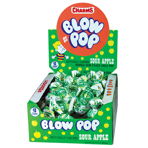 Charms Blow Pop Sour Apple Lollipops filled with Bubblegum 48ct